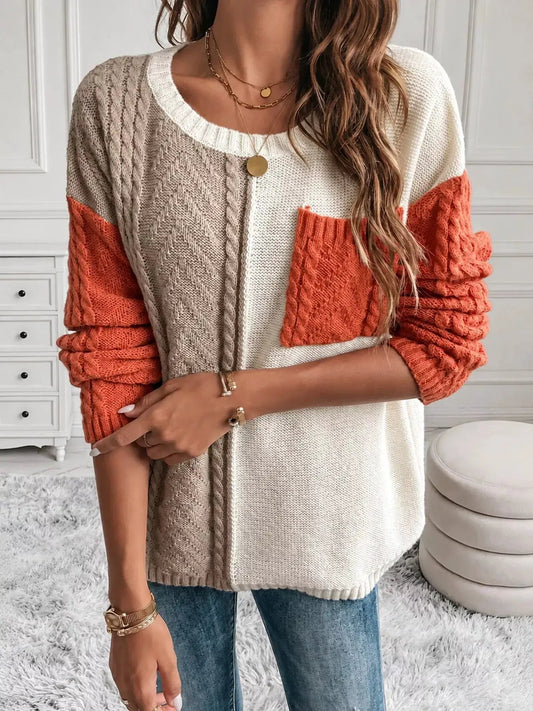 Color Block Cable Knit Long Sleeve Sweater - Bitsy Gypsy Boutique