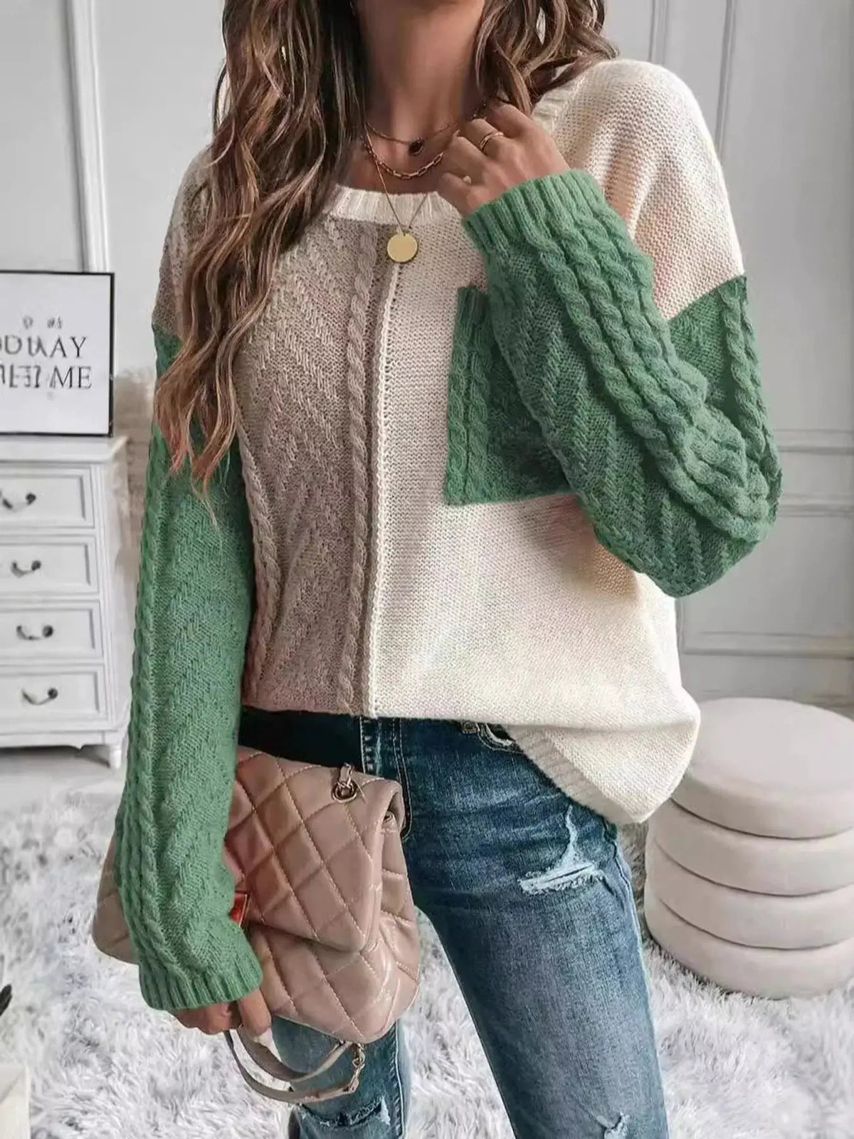 Color Block Cable Knit Long Sleeve Sweater - Bitsy Gypsy Boutique