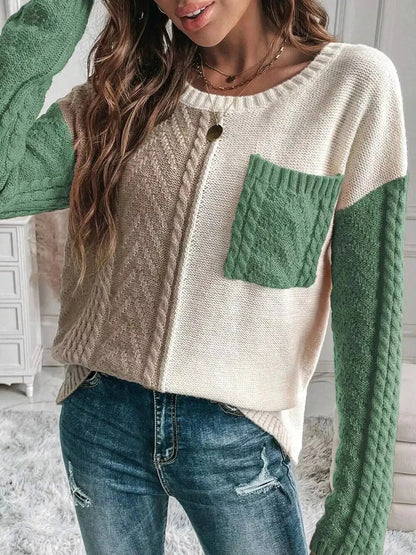 Color Block Cable Knit Long Sleeve Sweater - Bitsy Gypsy Boutique