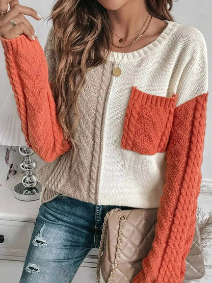 Color Block Cable Knit Long Sleeve Sweater - Bitsy Gypsy Boutique