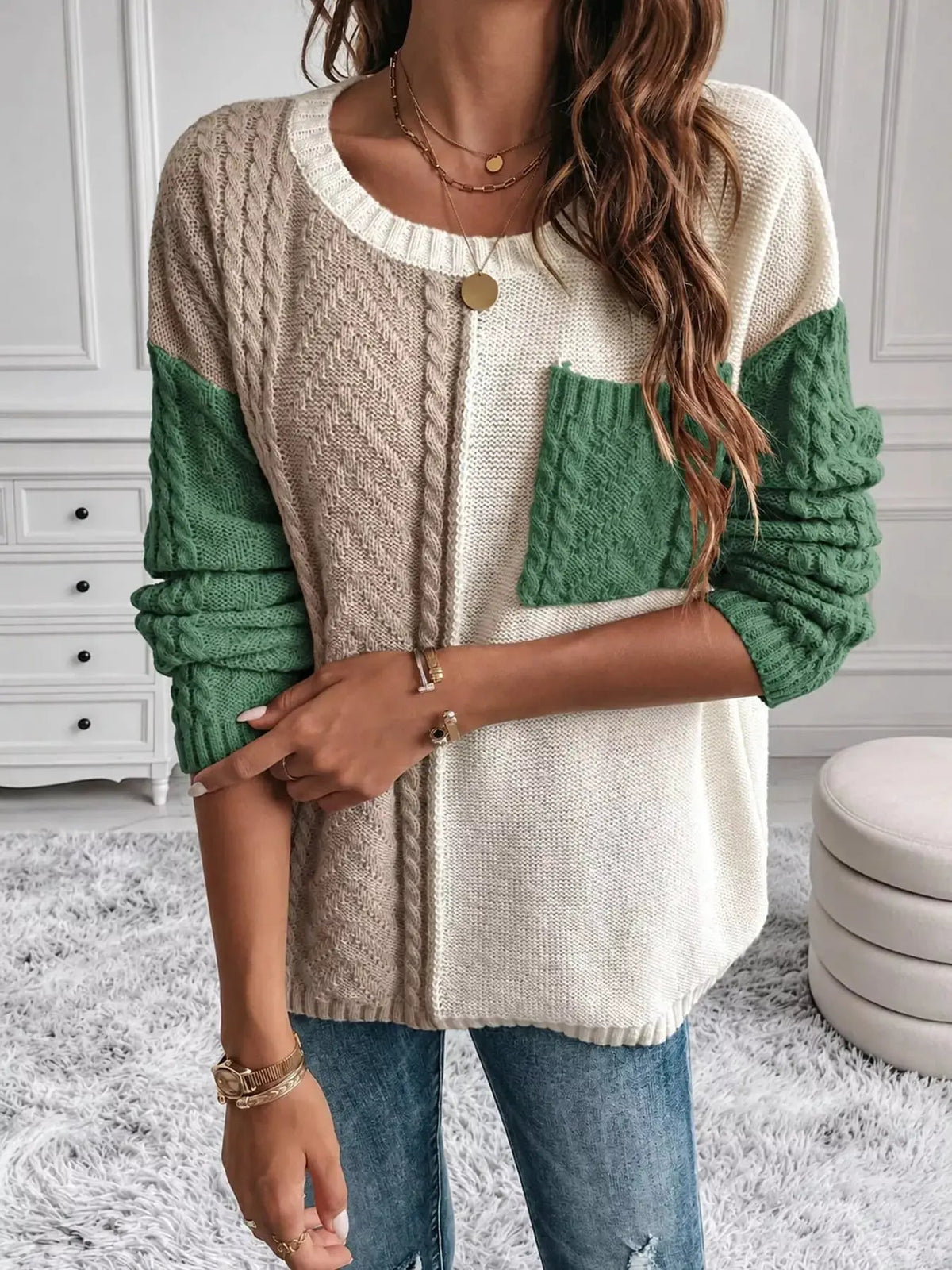 Color Block Cable Knit Long Sleeve Sweater - Bitsy Gypsy Boutique