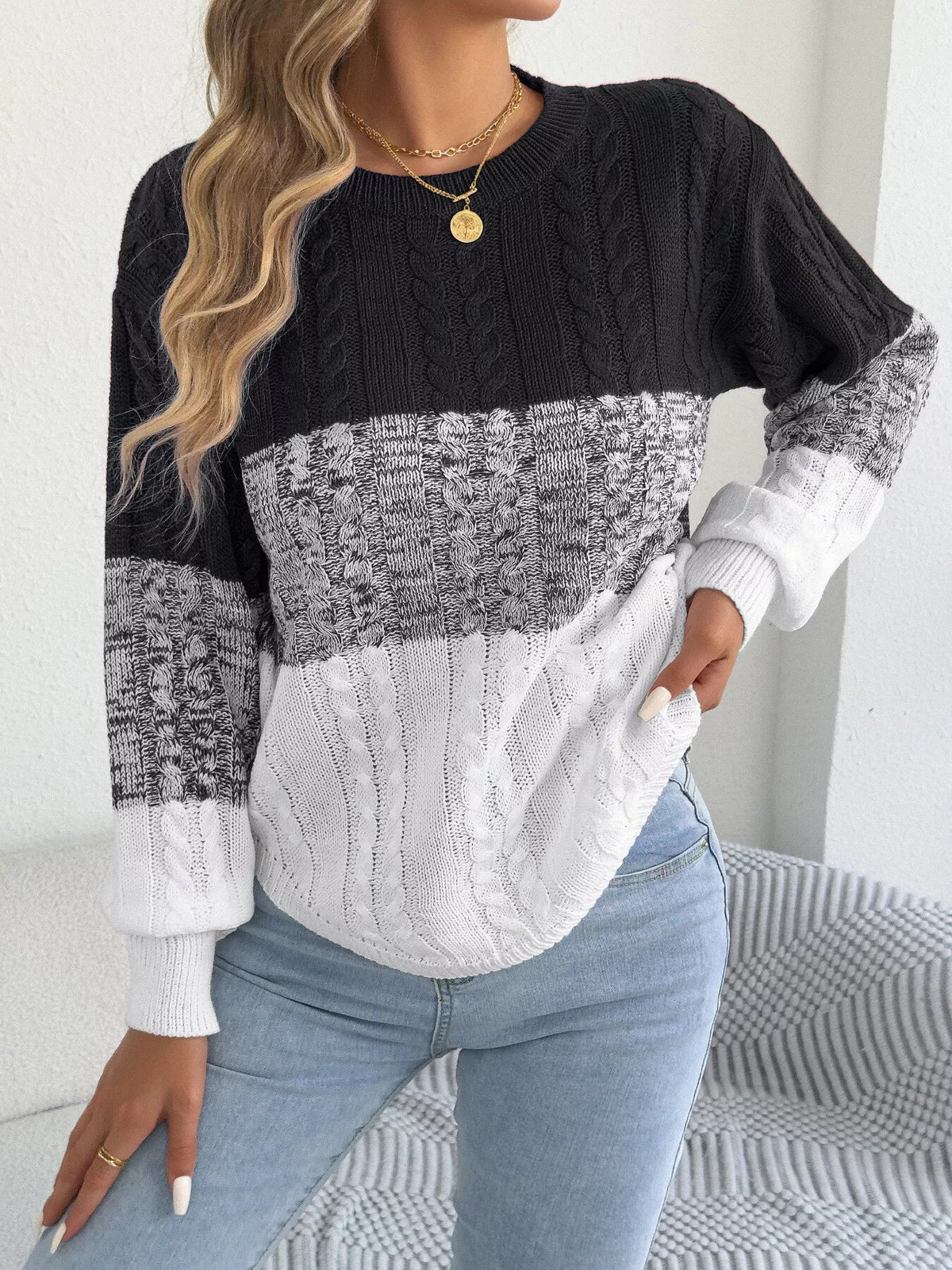 Color Block Cable Knit Sweater - Bitsy Gypsy Boutique