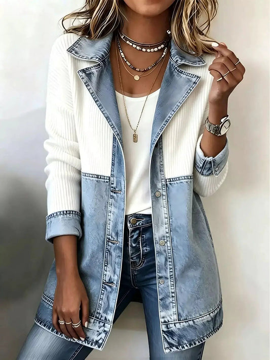 Color-Block Denim and Knit Patchwork Casual Jacket - Bitsy Gypsy Boutique