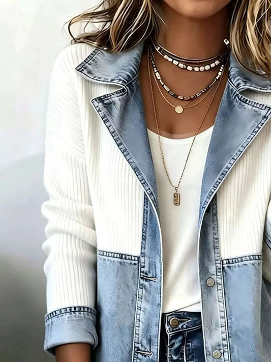 Color-Block Denim and Knit Patchwork Casual Jacket - Bitsy Gypsy Boutique