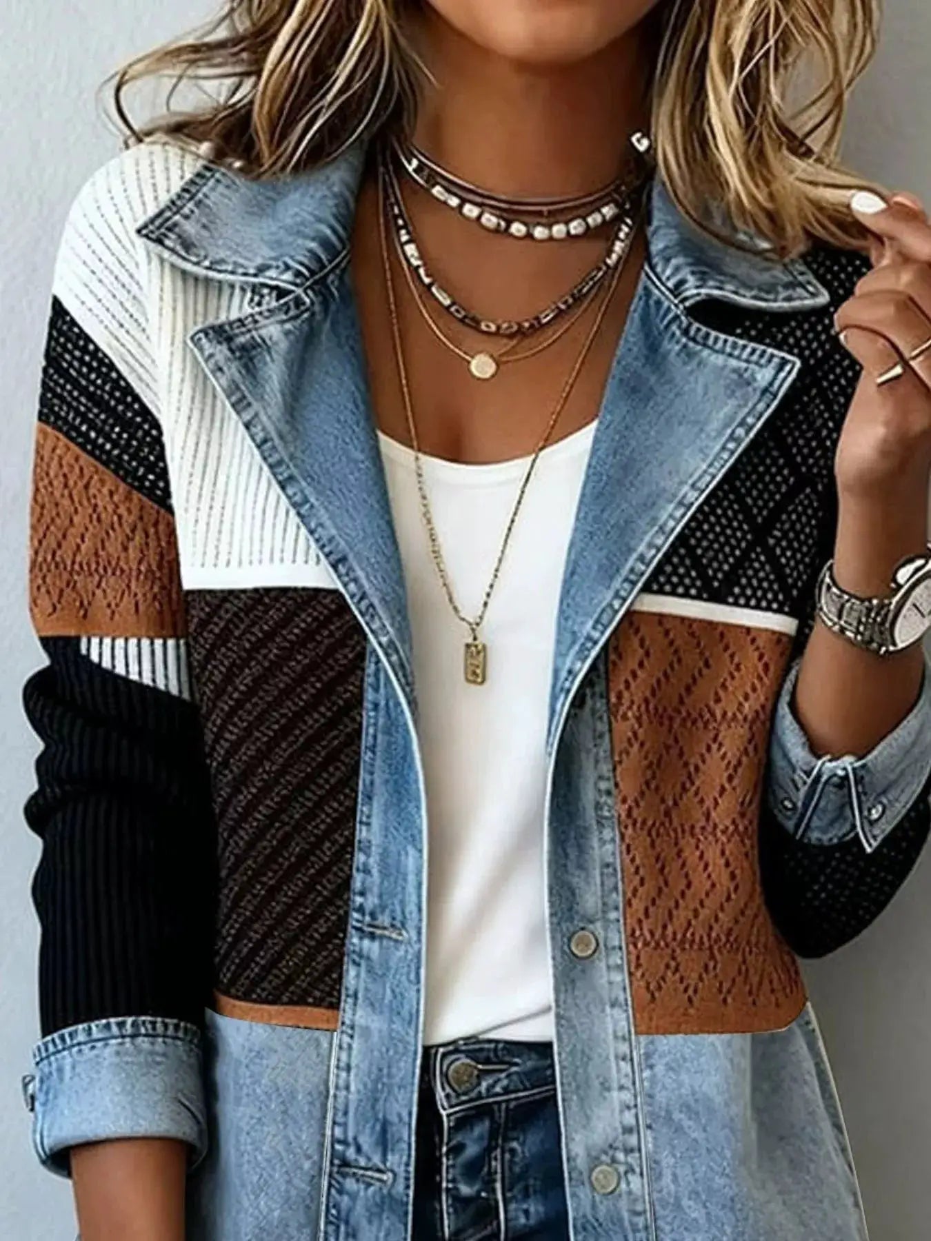 Color-Block Denim and Knit Patchwork Casual Jacket - Bitsy Gypsy Boutique