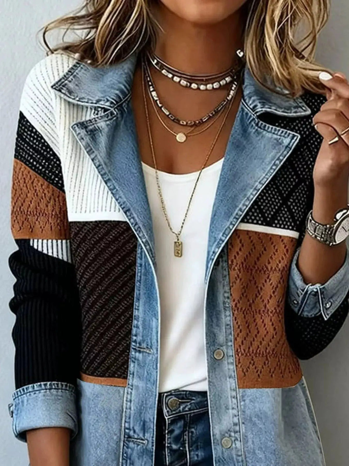 Color-Block Denim and Knit Patchwork Casual Jacket - Bitsy Gypsy Boutique