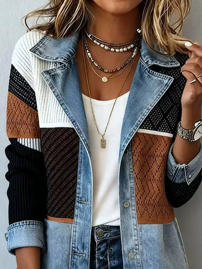 Color-Block Denim and Knit Patchwork Casual Jacket - Bitsy Gypsy Boutique