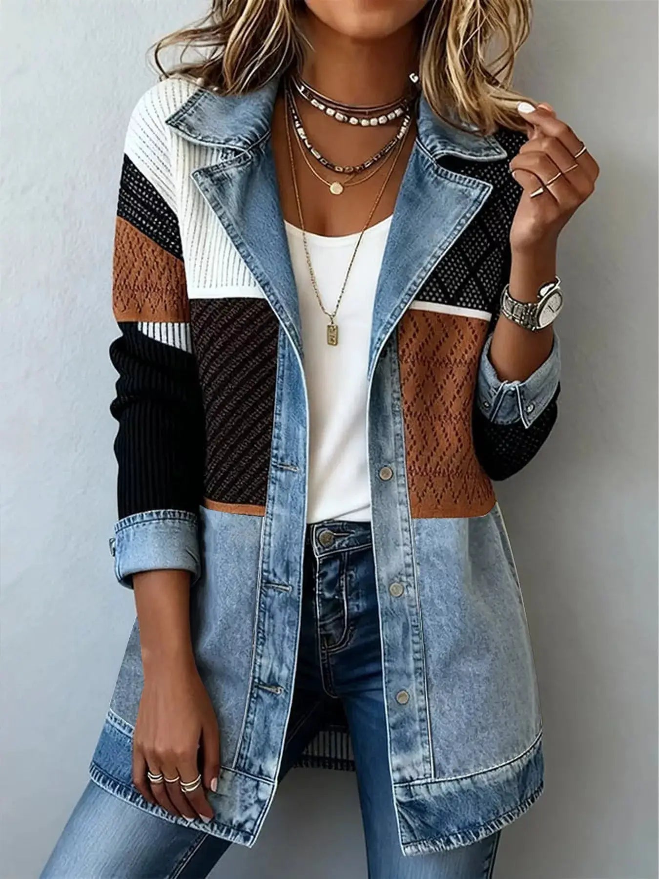 Color-Block Denim and Knit Patchwork Casual Jacket - Bitsy Gypsy Boutique