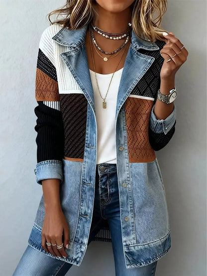Color-Block Denim and Knit Patchwork Casual Jacket - Bitsy Gypsy Boutique