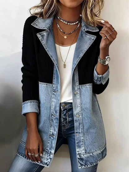 Color-Block Denim and Knit Patchwork Casual Jacket - Bitsy Gypsy Boutique