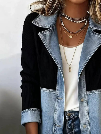 Color-Block Denim and Knit Patchwork Casual Jacket - Bitsy Gypsy Boutique
