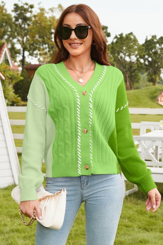 Color Block Patchwork Embroideried V Neck Sweater - Bitsy Gypsy Boutique