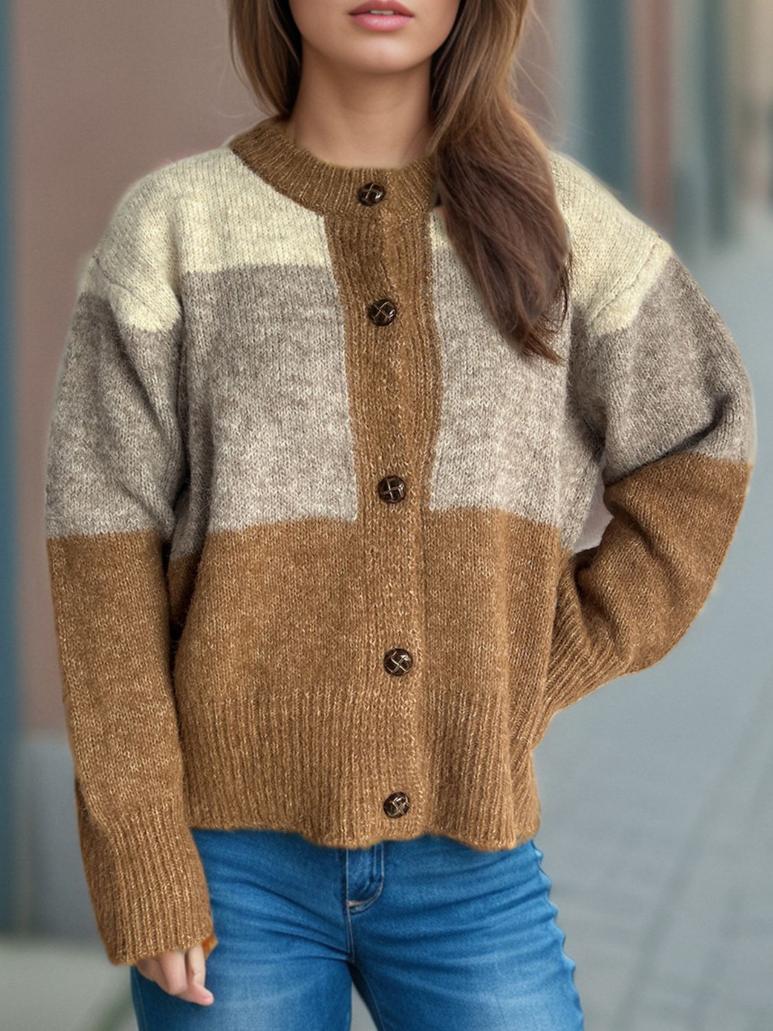 Color Block Round Neck Button Up Cardigan - Bitsy Gypsy Boutique