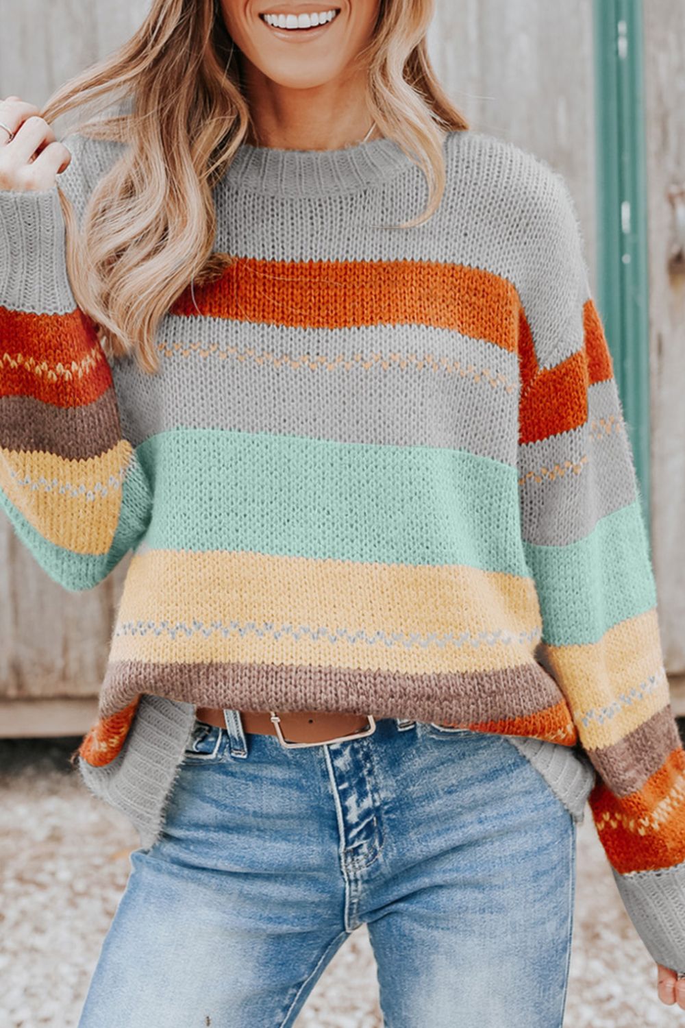 Color Block Round Neck Dropped Shoulder Sweater - Bitsy Gypsy Boutique