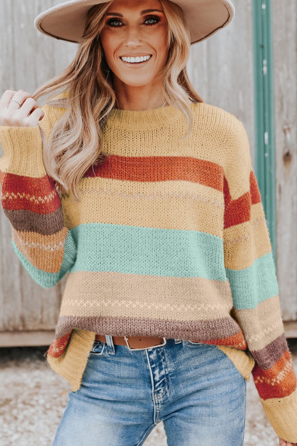 Color Block Round Neck Dropped Shoulder Sweater - Bitsy Gypsy Boutique