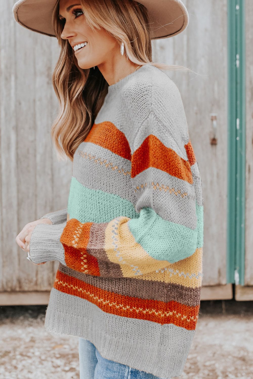 Color Block Round Neck Dropped Shoulder Sweater - Bitsy Gypsy Boutique