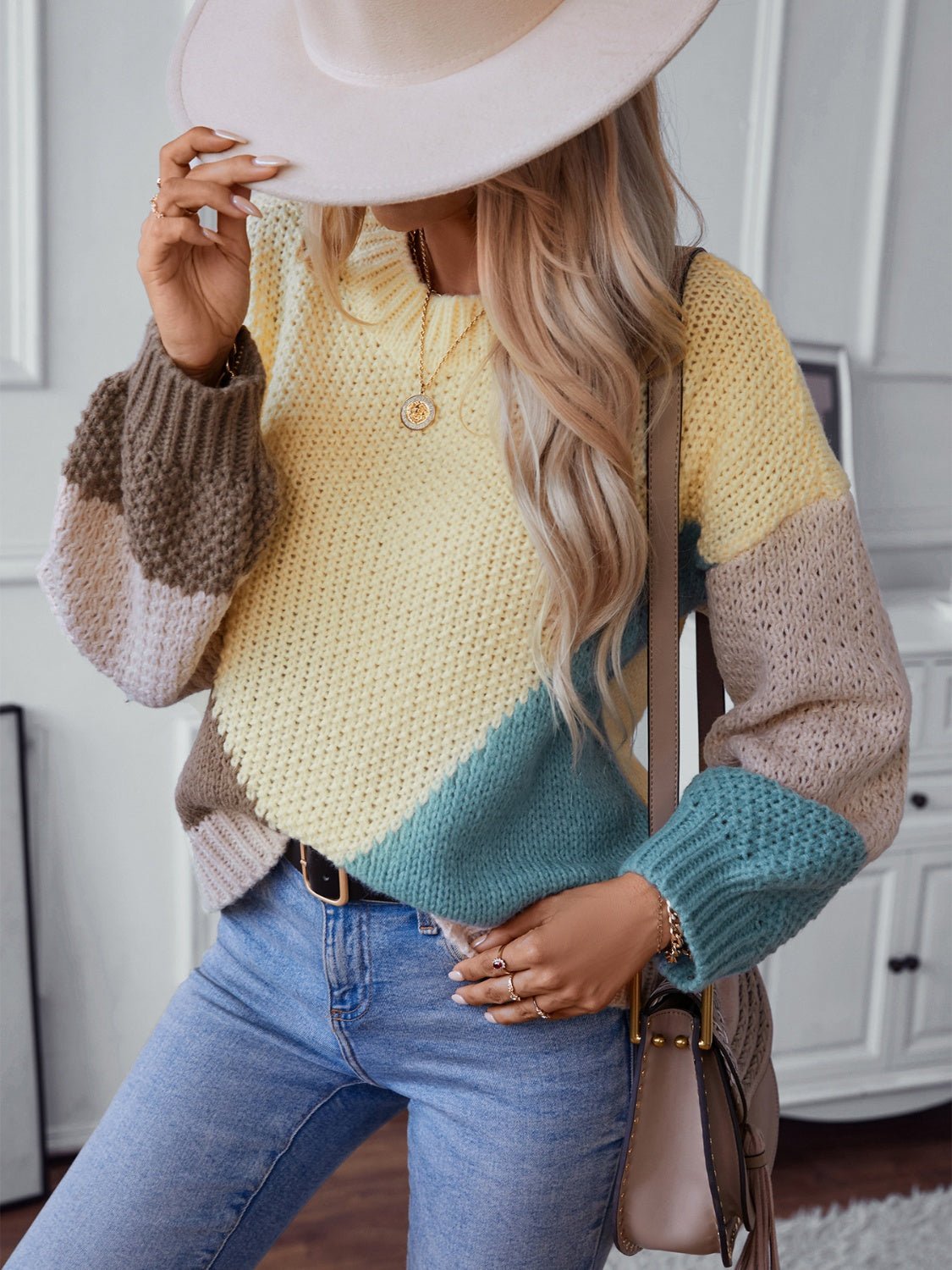 Color Block Round Neck Dropped Shoulder Sweater - Bitsy Gypsy Boutique