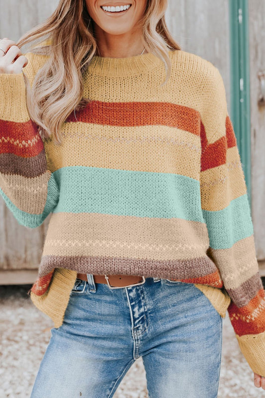 Color Block Round Neck Dropped Shoulder Sweater - Bitsy Gypsy Boutique