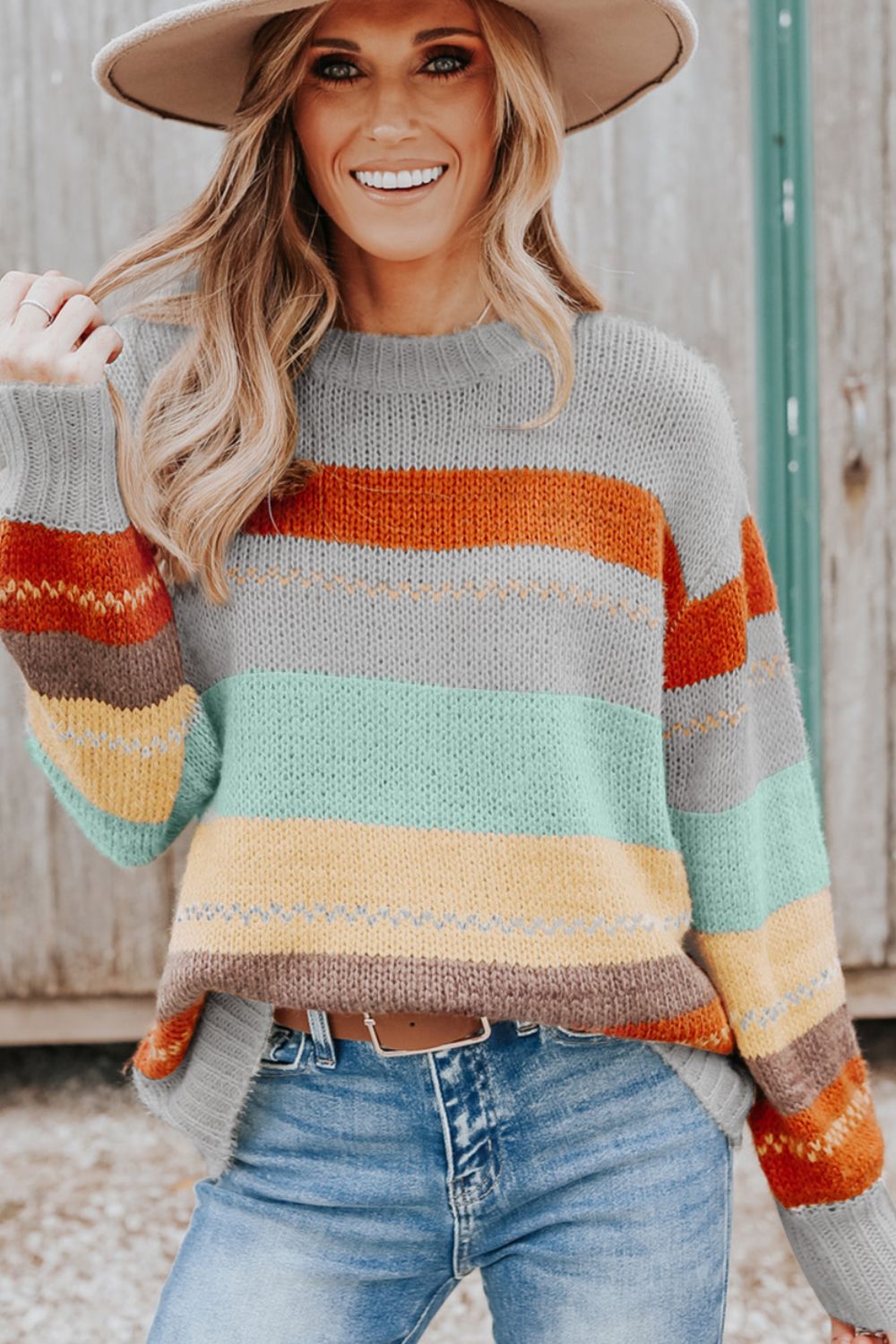 Color Block Round Neck Dropped Shoulder Sweater - Bitsy Gypsy Boutique