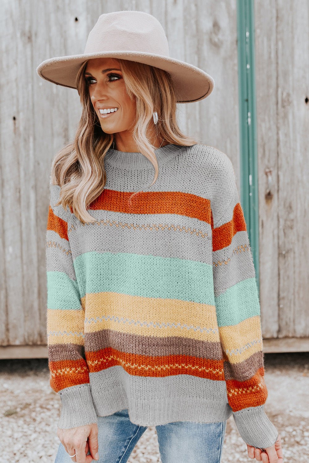 Color Block Round Neck Dropped Shoulder Sweater - Bitsy Gypsy Boutique