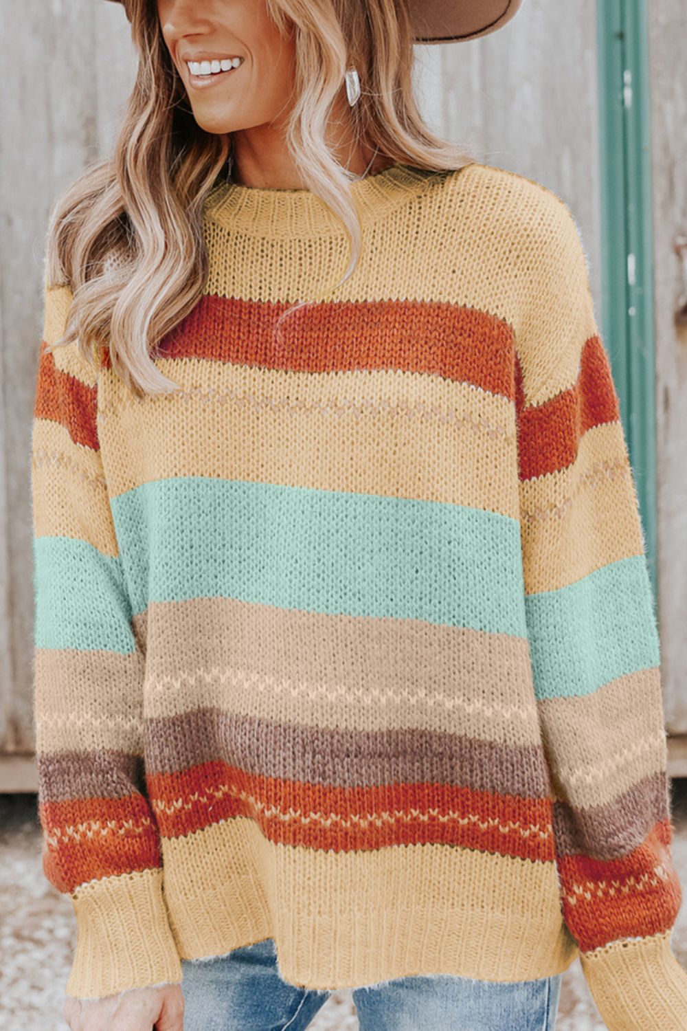 Color Block Round Neck Dropped Shoulder Sweater - Bitsy Gypsy Boutique