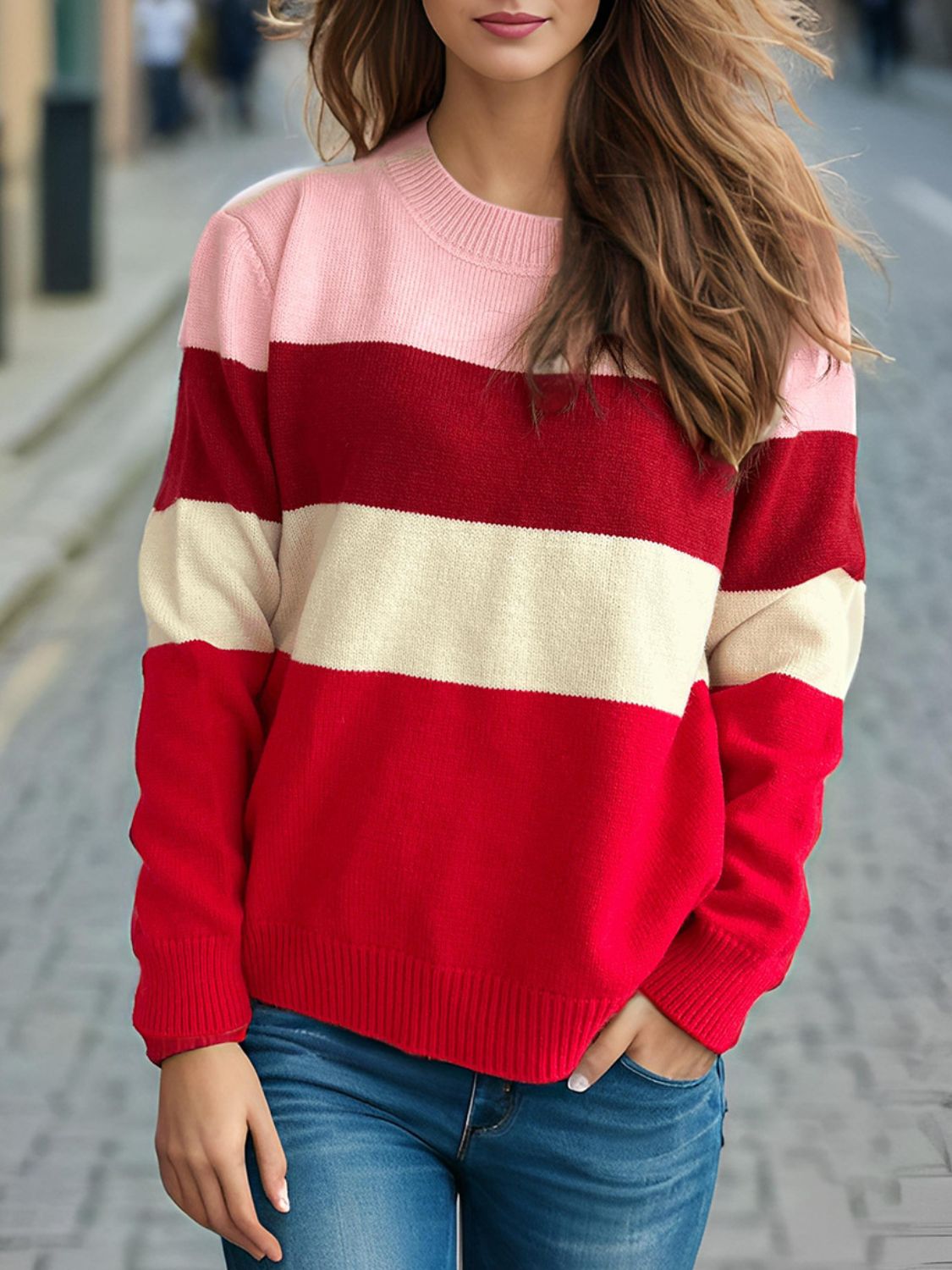 Color Block Round Neck Long Sleeve Sweater - Bitsy Gypsy Boutique