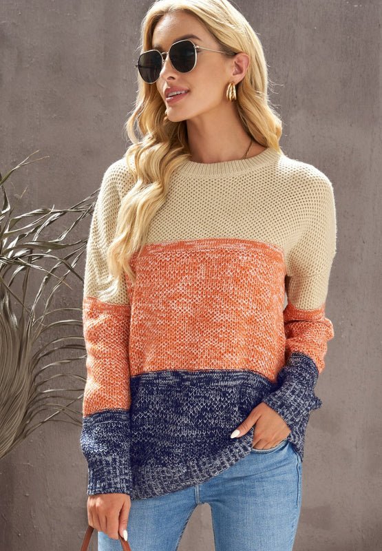 Color Block Round Neck Long Sleeve Sweater - Bitsy Gypsy Boutique