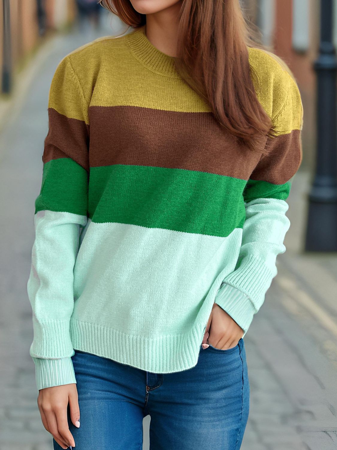 Color Block Round Neck Long Sleeve Sweater - Bitsy Gypsy Boutique