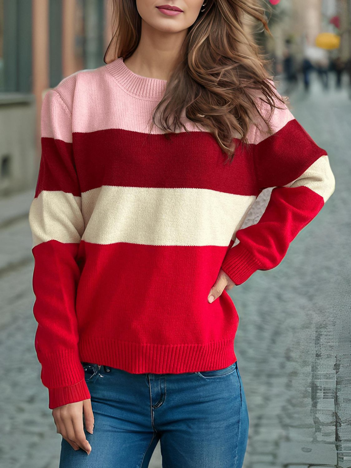 Color Block Round Neck Long Sleeve Sweater - Bitsy Gypsy Boutique