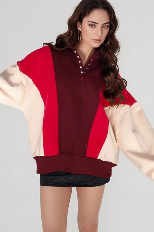 Color-Block Snap-Button Oversized Sweatshirt - Bitsy Gypsy Boutique