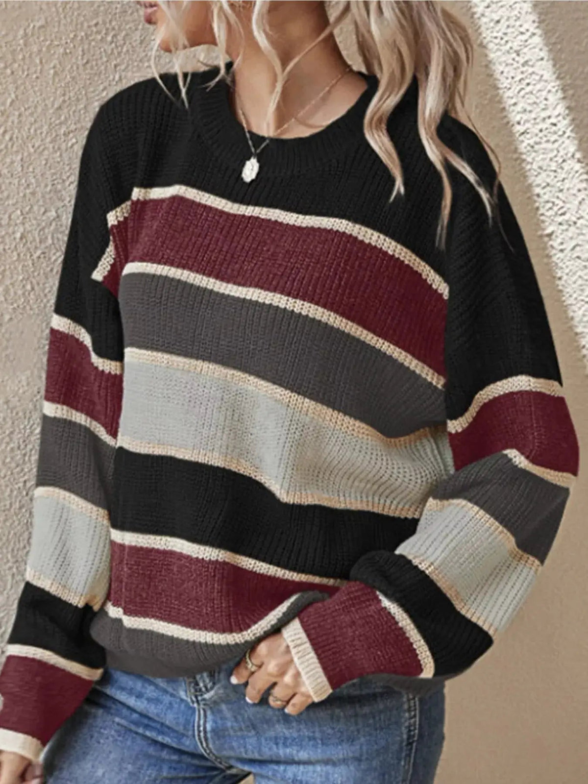 Color Block Striped Crew Neck Sweater - Bitsy Gypsy Boutique