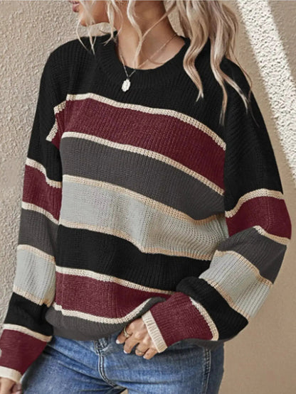 Color Block Striped Crew Neck Sweater - Bitsy Gypsy Boutique