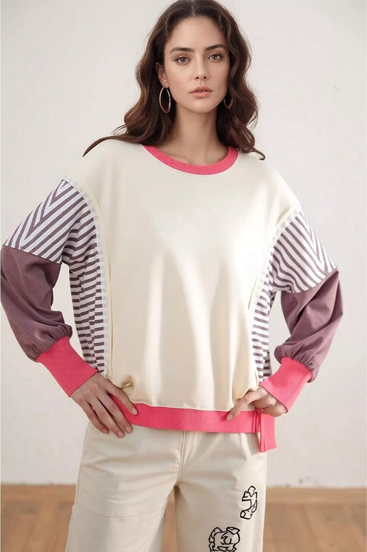 Color-Block Striped Crew Neck Sweatshirt - Bitsy Gypsy Boutique