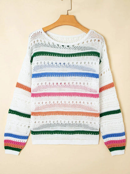 Color Block Striped Pointelle Knit Sweater by Trendsi