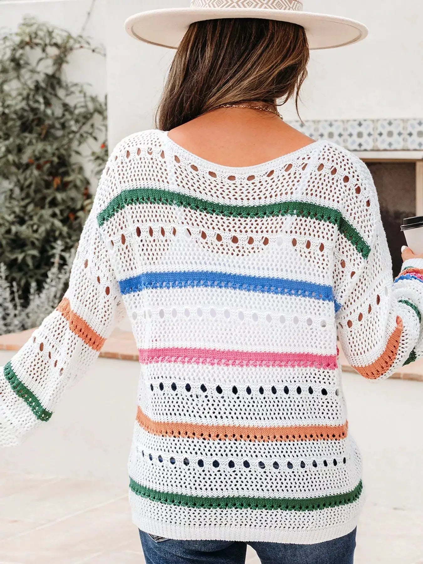 Color Block Striped Pointelle Knit Sweater by Trendsi