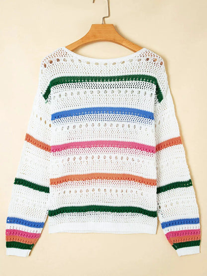 Color Block Striped Pointelle Knit Sweater by Trendsi