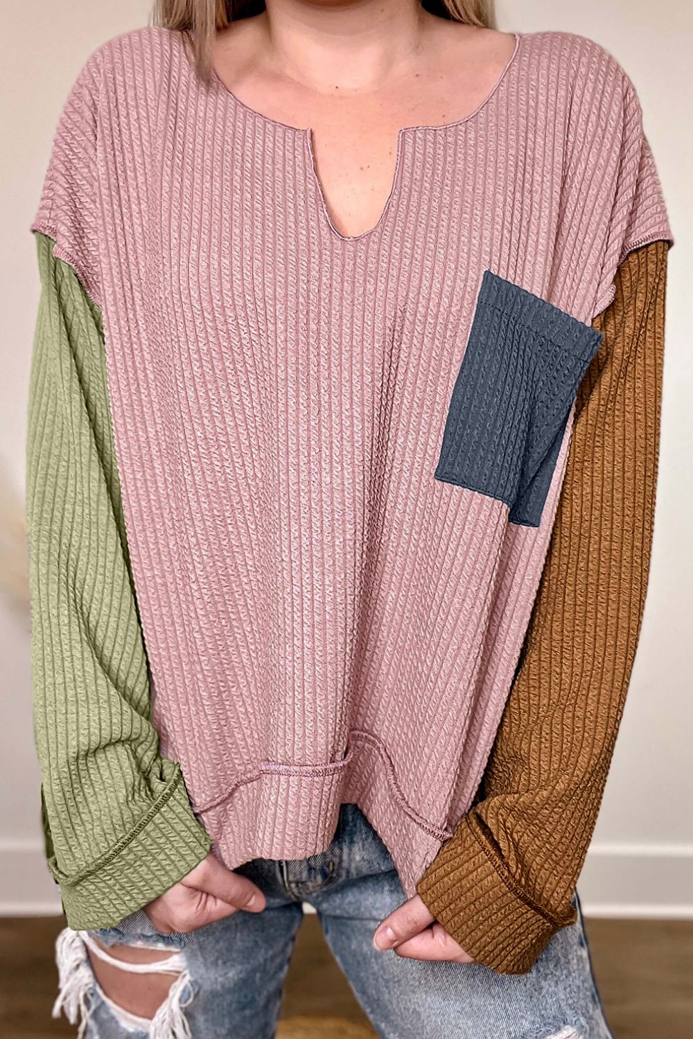 Color Block Textured Notched Long Sleeve Top - Bitsy Gypsy Boutique