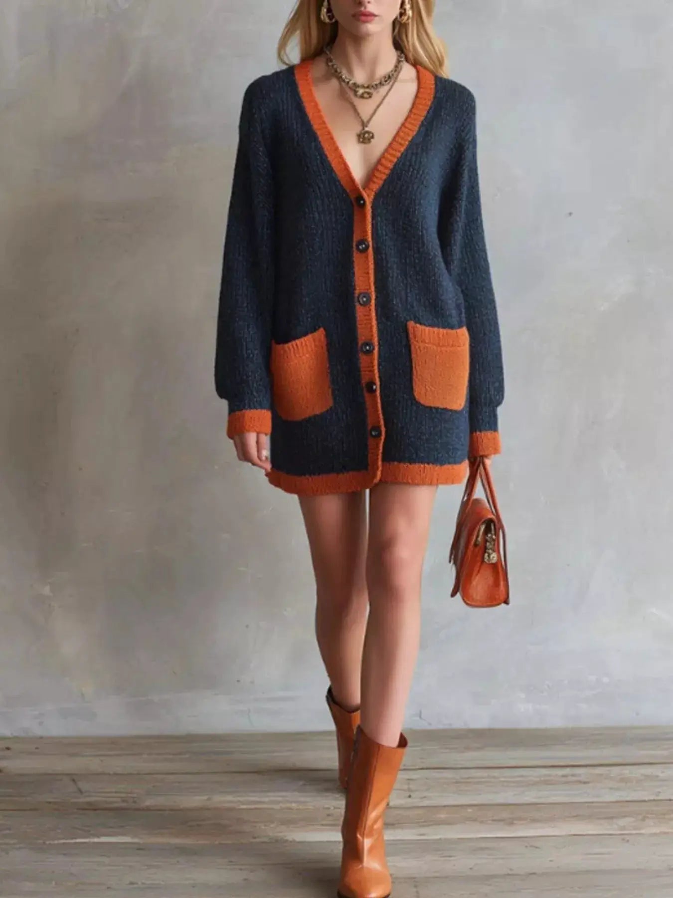 Color-Block V-Neck Button-Down Knit Cardigan - Bitsy Gypsy Boutique