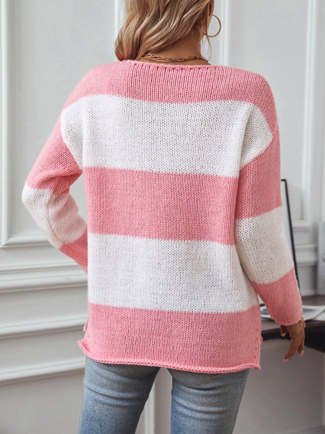 Color Block V - Neck Long Sleeve Sweater - Bitsy Gypsy Boutique