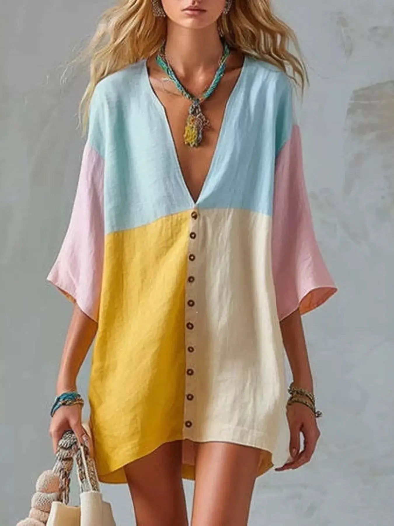 Color Block V-Neck Mini Dress by Trendsi