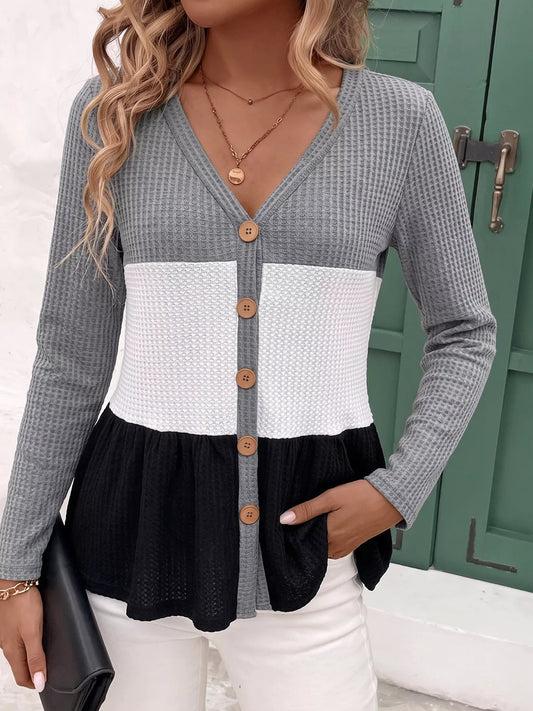 Color Block Waffle Knit Button-Down Cardigan - Bitsy Gypsy Boutique