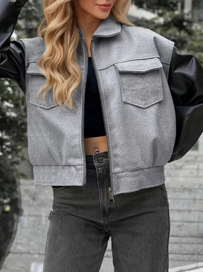 Color Block Zip Front Pocketed Jacket - Bitsy Gypsy Boutique