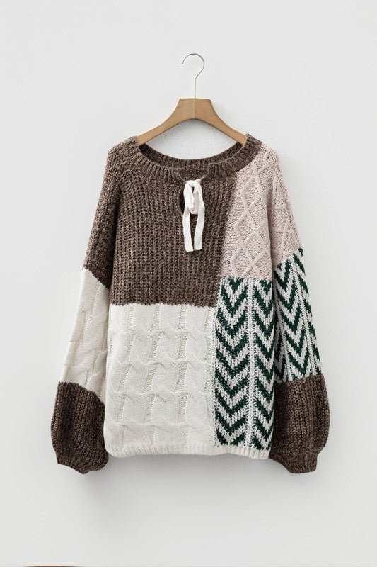 Colorblock Cable Knit Patchwork Tied Back Sweater - Bitsy Gypsy Boutique