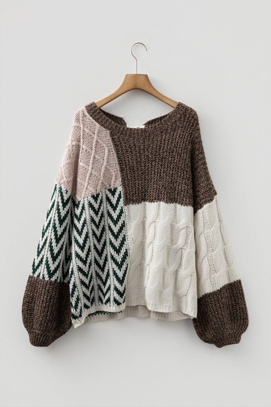 Colorblock Cable Knit Patchwork Tied Back Sweater - Bitsy Gypsy Boutique