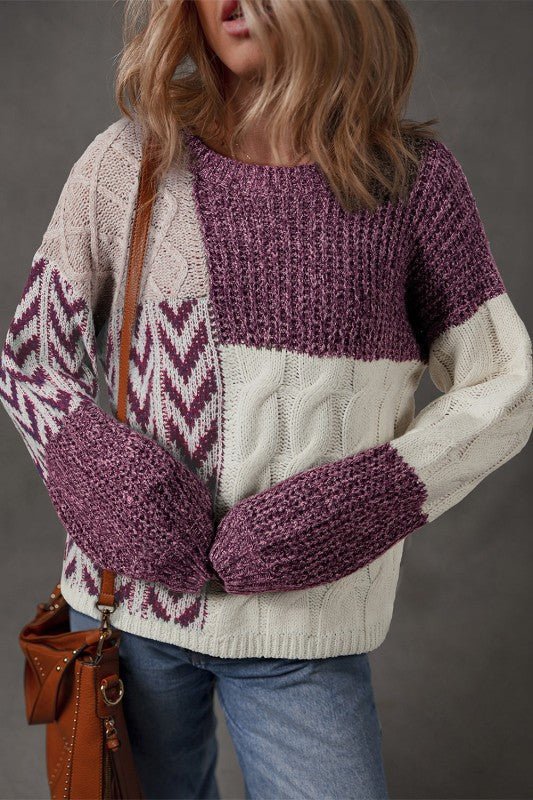 Colorblock Cable Knit Patchwork Tied Back Sweater - Bitsy Gypsy Boutique