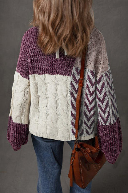 Colorblock Cable Knit Patchwork Tied Back Sweater - Bitsy Gypsy Boutique