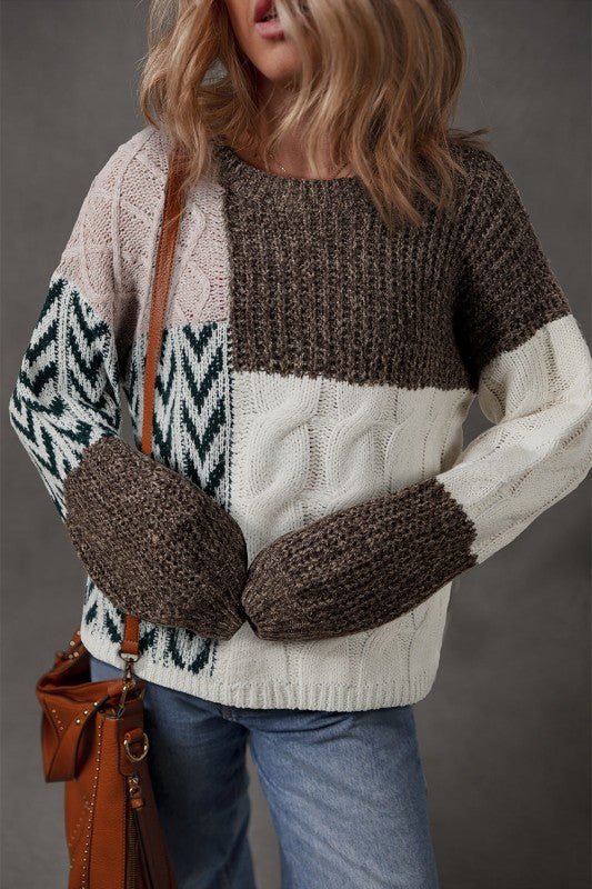 Colorblock Cable Knit Patchwork Tied Back Sweater - Bitsy Gypsy Boutique