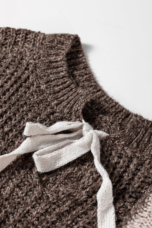 Colorblock Cable Knit Patchwork Tied Back Sweater - Bitsy Gypsy Boutique