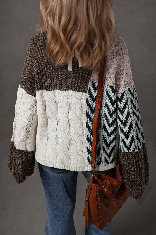 Colorblock Cable Knit Patchwork Tied Back Sweater - Bitsy Gypsy Boutique