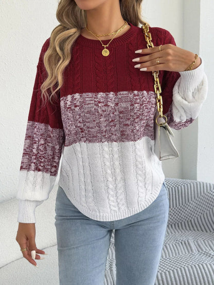 Colorblock Cable Knit Round Neck Sweater - Bitsy Gypsy Boutique